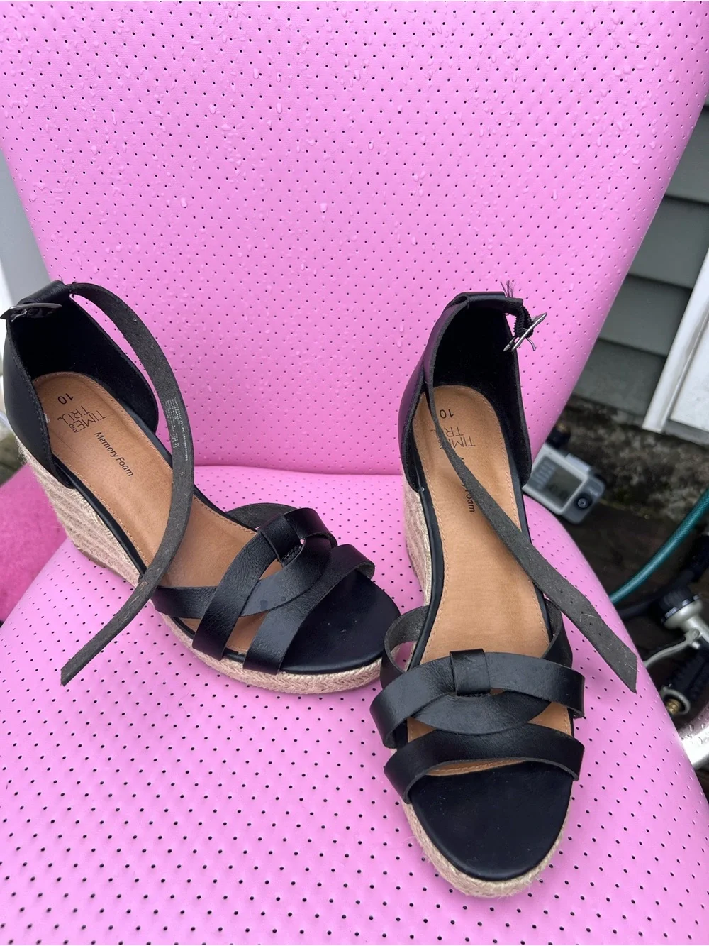 Time and Tru Black Memory Foam Espadrille Wedge Sandals Size 10